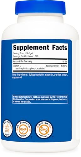Nutricost Vitamin E 400 IE, 240 Weichkapseln – Glutenfrei, Nicht-GVO