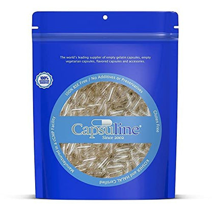 Capsuline Größe 00 Klare leere Gelatinekapseln - DIY Kapselbefüllung - 500 Stück, Halal, Koscher, Glutenfrei, Non-GMO