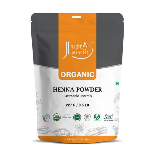 Just Jaivik Hennapulver (Lawsonia Inermis) für das Haar – 100 % natürlich, USDA-zertifiziert biologisch von OneCert Asia, ohne Chemikalien oder Zusätze, 227 g / 0,5 lb / 8 oz