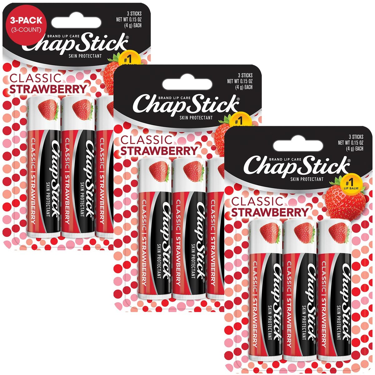 ChapStick Classic Strawberry Lip Balm – 9er-Pack, getönter Lippenpflegestift, saftig & süß, 0,15 oz pro Stück