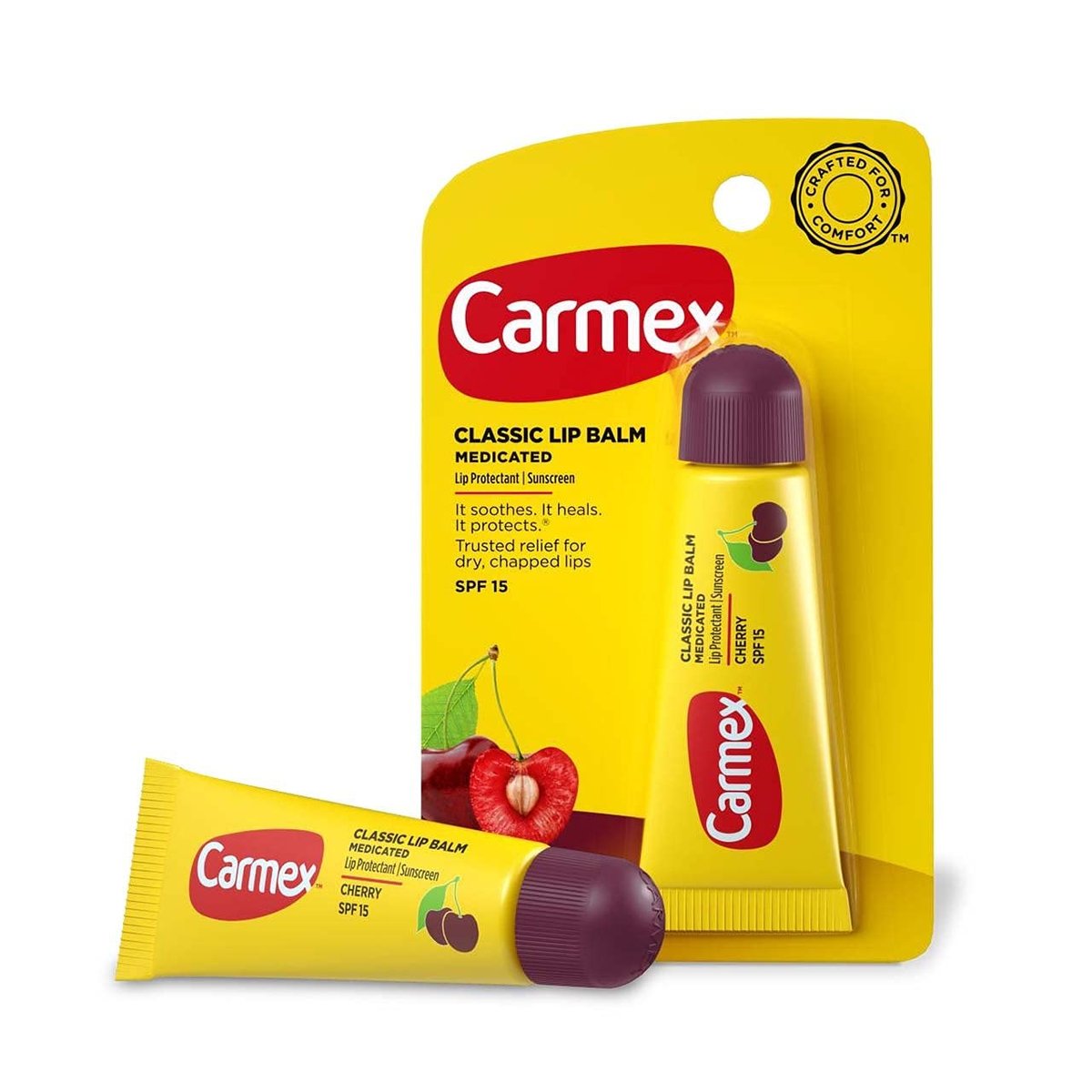 Carmex Classic Lippenbalsam Kirsche mit Lichtschutzfaktor 15, 0,35 Unzen (3er-Pack, Tube in Blisterverpackung), Darstellung kann variieren