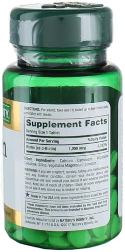 Nature's Bounty Biotin 1000 mcg Tabletten – 2er-Pack mit 200 Tabletten für gesunde Haare, Haut und Nägel