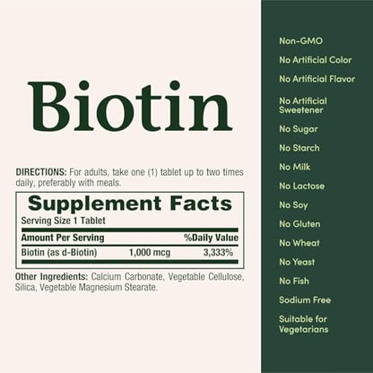 Nature's Bounty Biotin 1000 mcg Tabletten – 2er-Pack mit 200 Tabletten für gesunde Haare, Haut und Nägel
