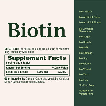 Nature's Bounty Biotin 1000 mcg Tabletten – 2er-Pack mit 200 Tabletten für gesunde Haare, Haut und Nägel