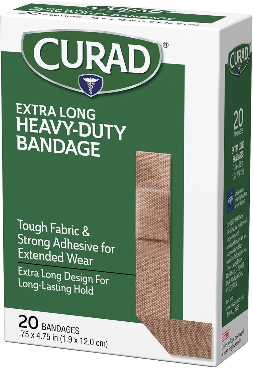 CURAD Heavy Duty Verband Extra Lang 20 Stück 0,75 x 4,75 Zoll (2er-Pack) – Starke Haftung für große Wunden