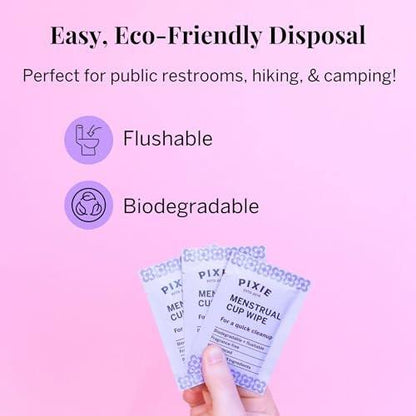 Pixie Feminine Wipes – Spültuch, biologisch abbaubar & pH-ausgeglichen – einzeln verpackte Tücher für unterwegs & öffentliche Toiletten – Reinigung für Menstruationstassen & -scheiben (1 Packung mit 20)