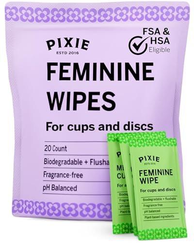 Pixie Feminine Wipes – Spültuch, biologisch abbaubar & pH-ausgeglichen – einzeln verpackte Tücher für unterwegs & öffentliche Toiletten – Reinigung für Menstruationstassen & -scheiben (1 Packung mit 20)