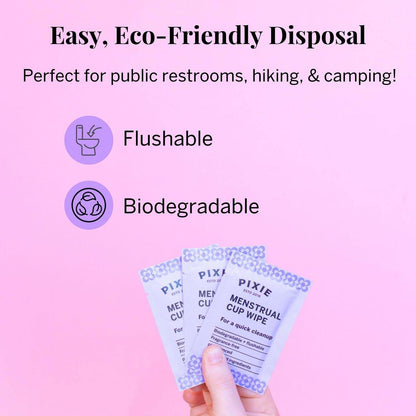 Pixie Feminine Wipes – Spültuch, biologisch abbaubar & pH-ausgeglichen – einzeln verpackte Tücher für unterwegs & öffentliche Toiletten – Reinigung für Menstruationstassen & -scheiben (1 Packung mit 20)