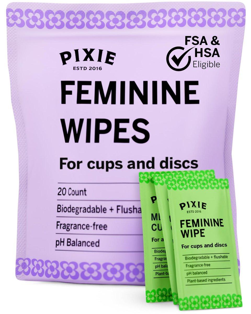 Pixie Feminine Wipes – Spültuch, biologisch abbaubar & pH-ausgeglichen – einzeln verpackte Tücher für unterwegs & öffentliche Toiletten – Reinigung für Menstruationstassen & -scheiben (1 Packung mit 20)