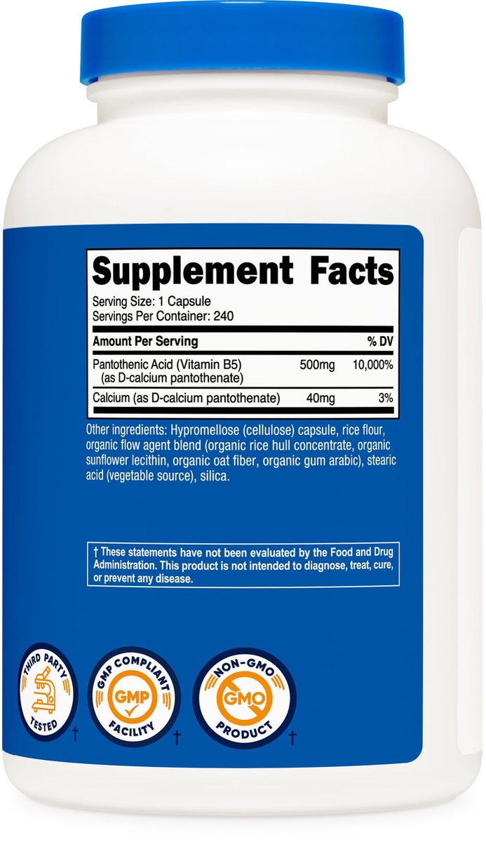 Nutricost Pantothensäure (Vitamin B5) 500 mg, 240 Kapseln – Hochdosiertes Nahrungsergänzungsmittel