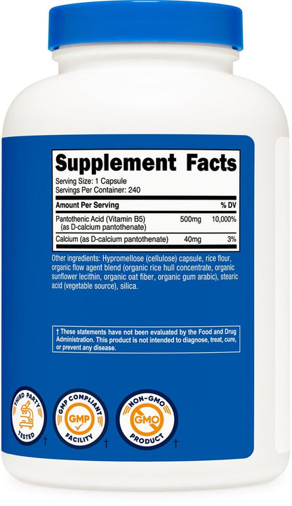 Nutricost Pantothensäure (Vitamin B5) 500 mg, 240 Kapseln – Hochdosiertes Nahrungsergänzungsmittel
