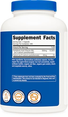 Nutricost Pantothensäure (Vitamin B5) 500 mg, 240 Kapseln – Hochdosiertes Nahrungsergänzungsmittel
