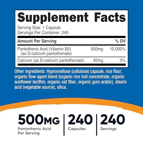 Nutricost Pantothensäure (Vitamin B5) 500 mg, 240 Kapseln – Hochdosiertes Nahrungsergänzungsmittel