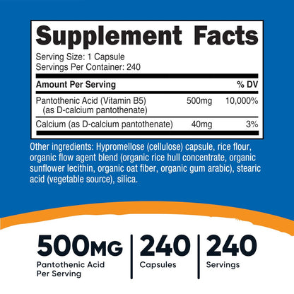 Nutricost Pantothensäure (Vitamin B5) 500 mg, 240 Kapseln – Hochdosiertes Nahrungsergänzungsmittel