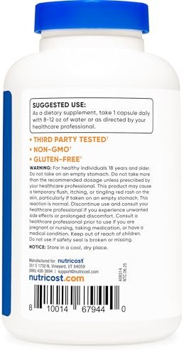 Nutricost Niacin (Vitamin B3) 500mg, 240 Kapseln – mit Flush, Non-GMO, glutenfrei