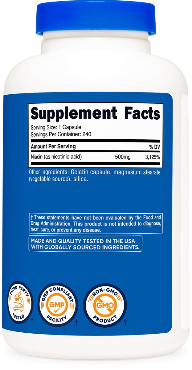 Nutricost Niacin (Vitamin B3) 500mg, 240 Kapseln – mit Flush, Non-GMO, glutenfrei