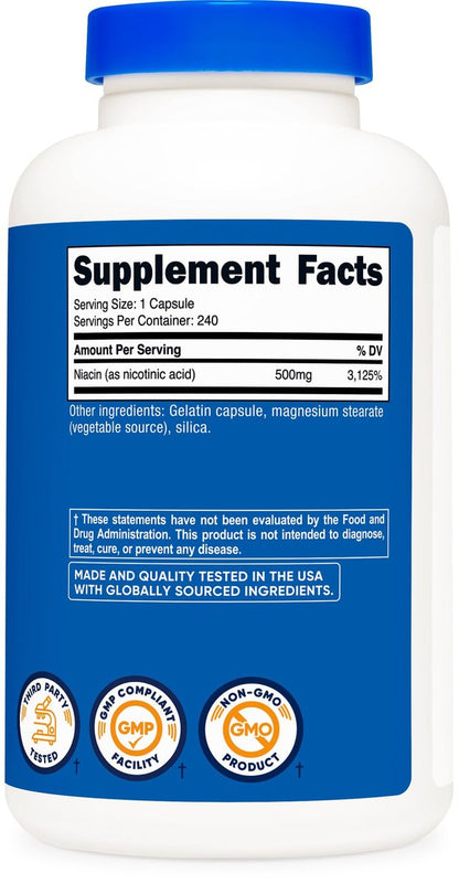 Nutricost Niacin (Vitamin B3) 500mg, 240 Kapseln – mit Flush, Non-GMO, glutenfrei