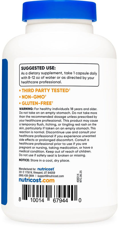 Nutricost Niacin (Vitamin B3) 500mg, 240 Kapseln – mit Flush, Non-GMO, glutenfrei