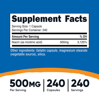 Nutricost Niacin (Vitamin B3) 500mg, 240 Kapseln – mit Flush, Non-GMO, glutenfrei
