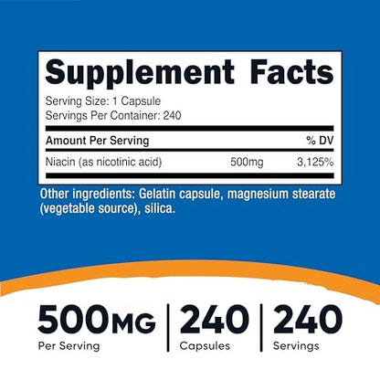 Nutricost Niacin (Vitamin B3) 500mg, 240 Kapseln – mit Flush, Non-GMO, glutenfrei