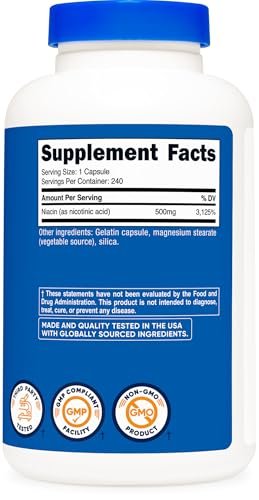 Nutricost Niacin (Vitamin B3) 500mg, 240 Kapseln – mit Flush, Non-GMO, glutenfrei