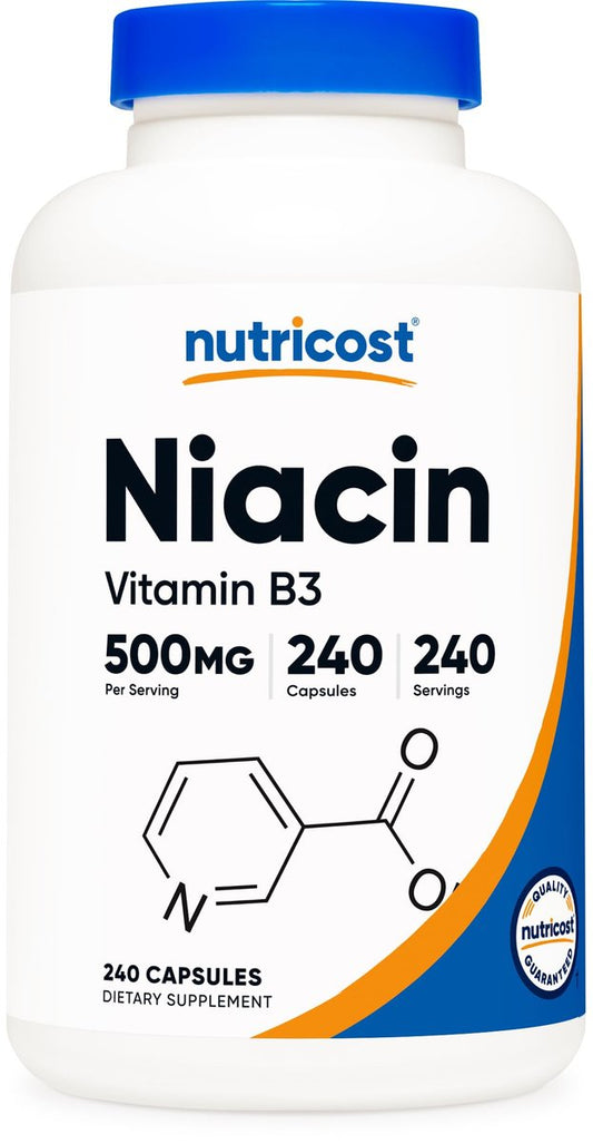 Nutricost Niacin (Vitamin B3) 500mg, 240 Kapseln – mit Flush, Non-GMO, glutenfrei