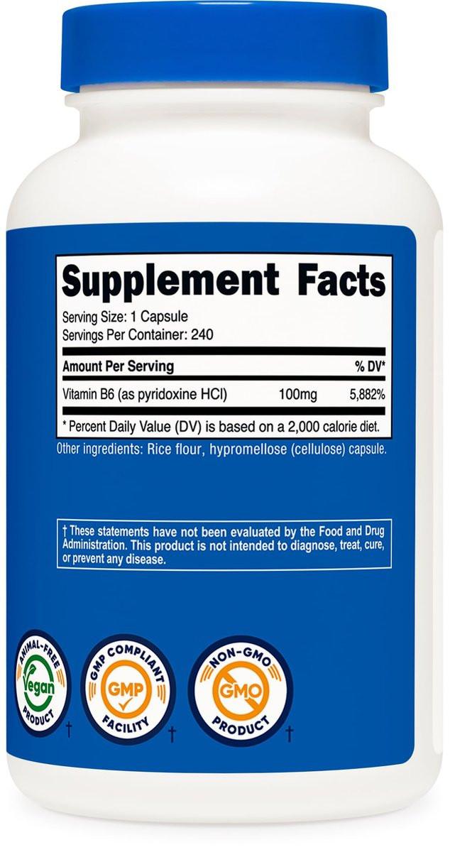 Nutricost Vitamin B6 (Pyridoxin HCl) 100mg, 240 Kapseln – Hochdosiertes B6-Präparat