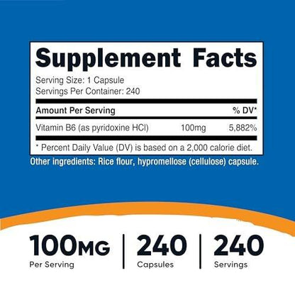 Nutricost Vitamin B6 (Pyridoxin HCl) 100mg, 240 Kapseln – Hochdosiertes B6-Präparat