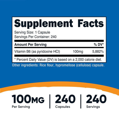 Nutricost Vitamin B6 (Pyridoxin HCl) 100mg, 240 Kapseln – Hochdosiertes B6-Präparat