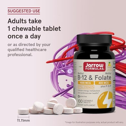 Jarrow Formulas Methyl B-12 & Methyl Folat – Bioaktive B-Vitamine für Energie, Gehirn & Stoffwechsel – 100 Kautabletten