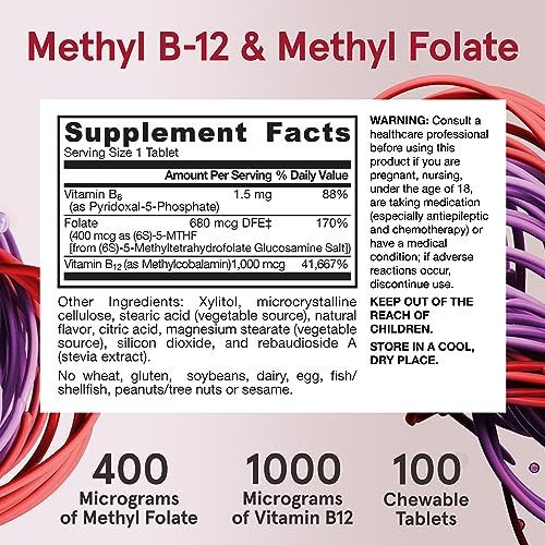 Jarrow Formulas Methyl B-12 & Methyl Folat – Bioaktive B-Vitamine für Energie, Gehirn & Stoffwechsel – 100 Kautabletten