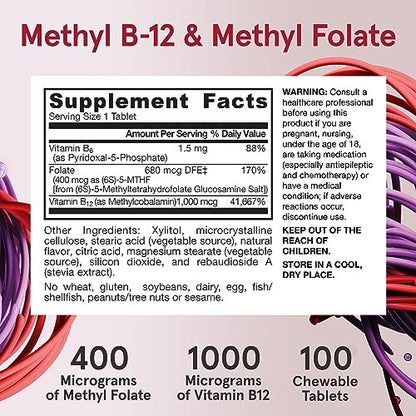Jarrow Formulas Methyl B-12 & Methyl Folat – Bioaktive B-Vitamine für Energie, Gehirn & Stoffwechsel – 100 Kautabletten