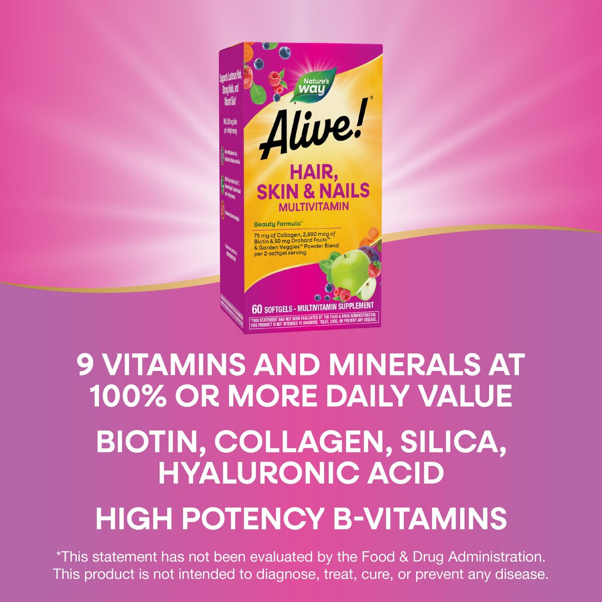 Nature's Way Alive! Haare, Haut und Nägel mit Kollagen 75 mg & Biotin 2500 μg – 60 Softgels