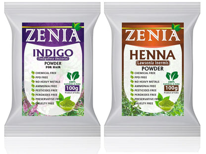 Zenia Indigo Pulver 100g & Henna Haarfarbe 100g Set – Natürliche Pflanzenhaarfarbe