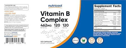 Nutricost Hochdosierter Vitamin B-Komplex 462mg, 120 Kapseln – mit Vitamin C – Energiekomplex