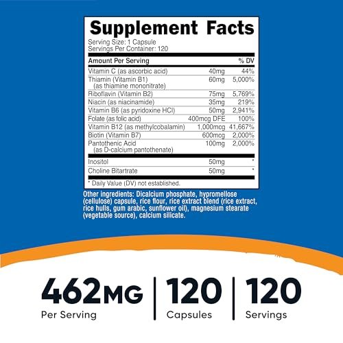 Nutricost Hochdosierter Vitamin B-Komplex 462mg, 120 Kapseln – mit Vitamin C – Energiekomplex