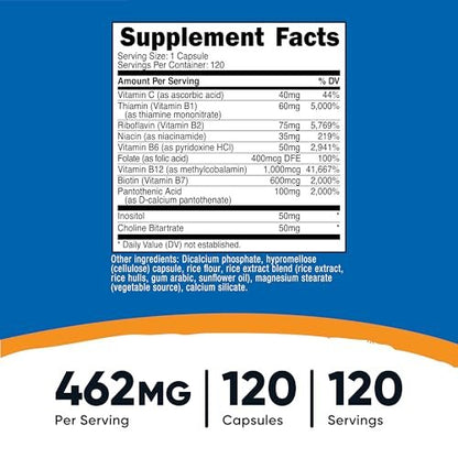 Nutricost Hochdosierter Vitamin B-Komplex 462mg, 120 Kapseln – mit Vitamin C – Energiekomplex