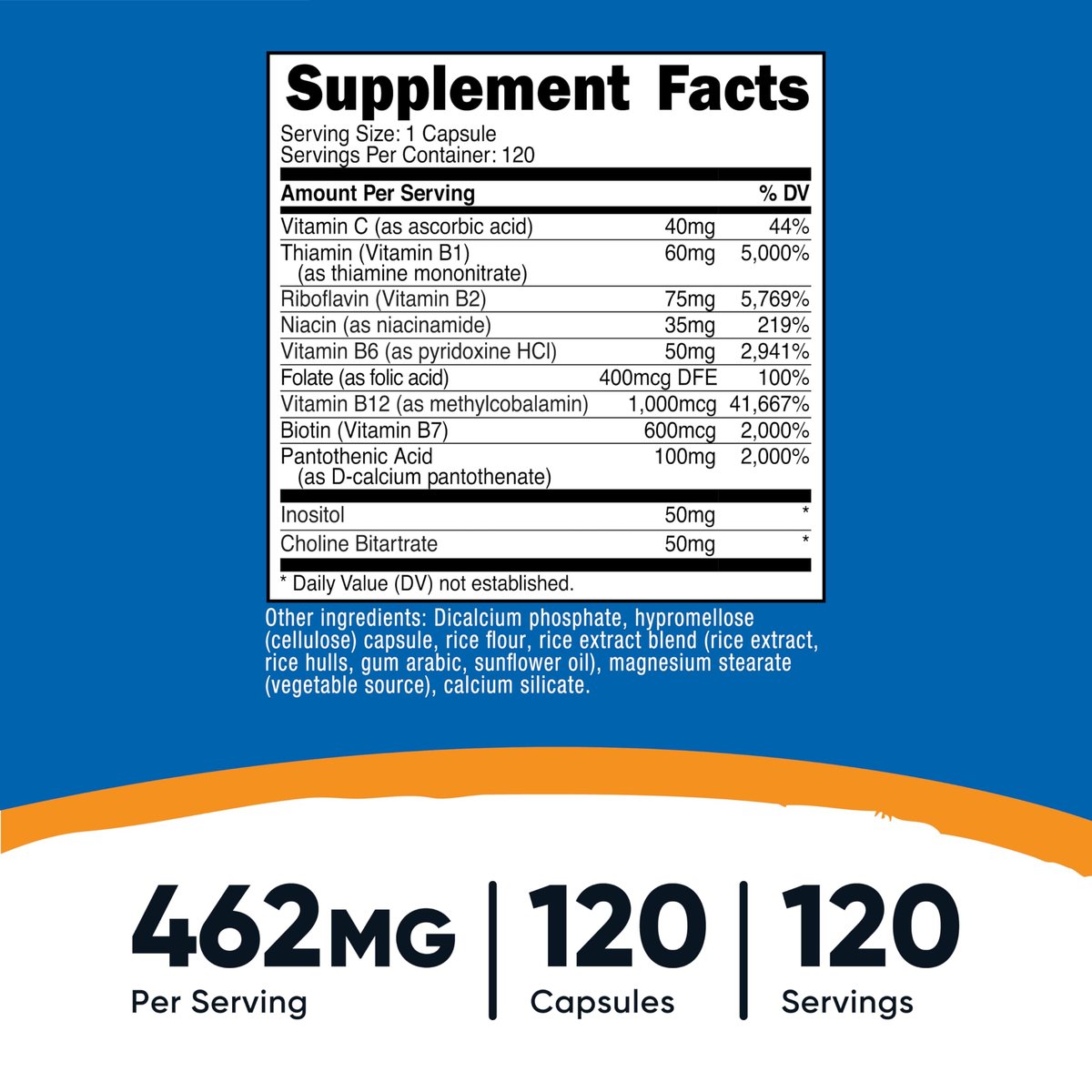 Nutricost Hochdosierter Vitamin B-Komplex 462mg, 120 Kapseln – mit Vitamin C – Energiekomplex