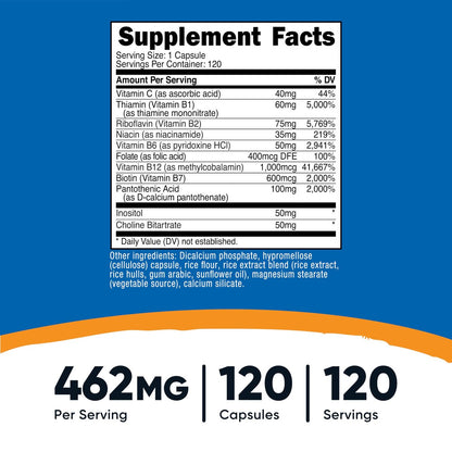 Nutricost Hochdosierter Vitamin B-Komplex 462mg, 120 Kapseln – mit Vitamin C – Energiekomplex