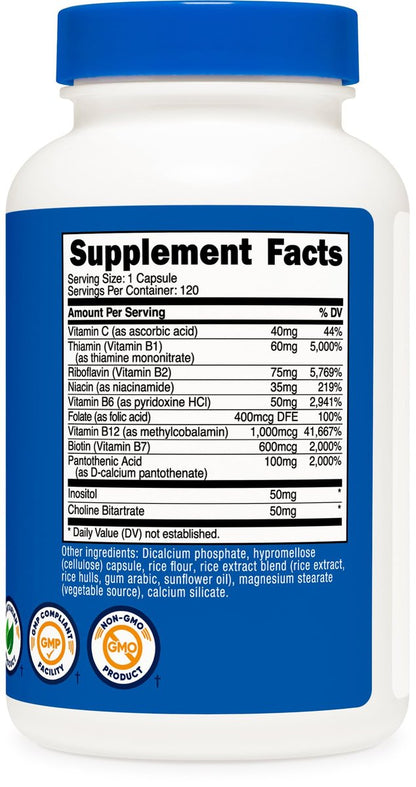 Nutricost Hochdosierter Vitamin B-Komplex 462mg, 120 Kapseln – mit Vitamin C – Energiekomplex