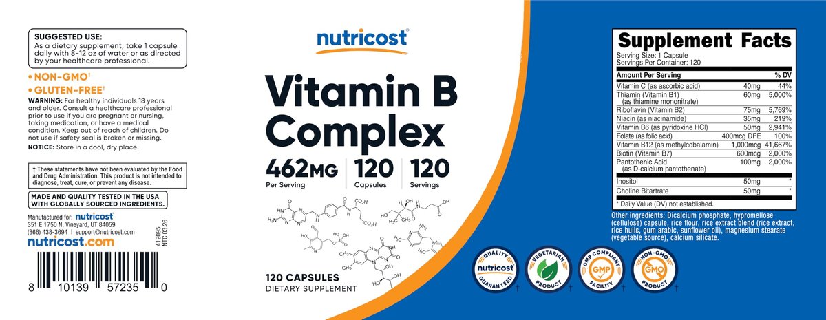 Nutricost Hochdosierter Vitamin B-Komplex 462mg, 120 Kapseln – mit Vitamin C – Energiekomplex