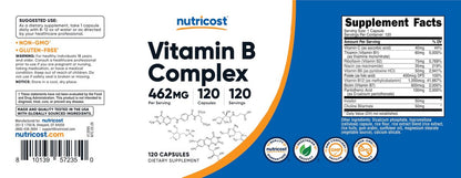 Nutricost Hochdosierter Vitamin B-Komplex 462mg, 120 Kapseln – mit Vitamin C – Energiekomplex