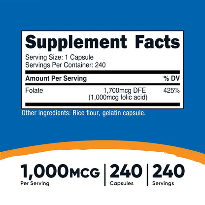 Nutricost Folsäure (Vitamin B9) 1000 mcg, 240 Kapseln (2 Flaschen)