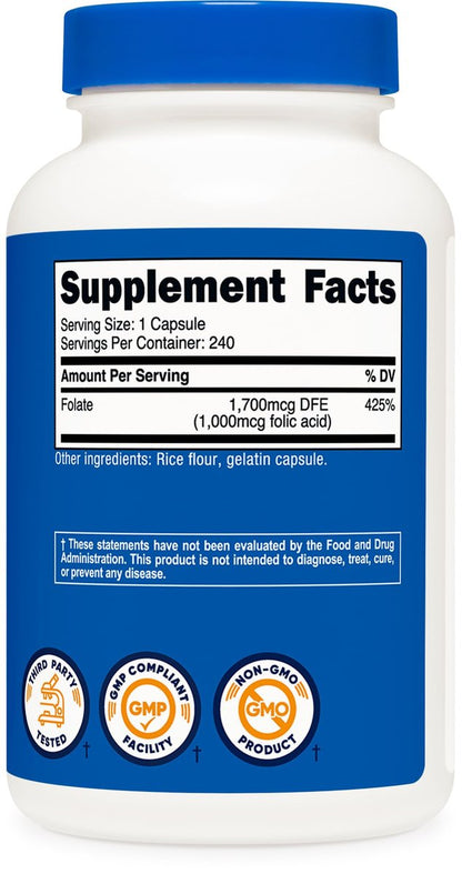 Nutricost Folsäure (Vitamin B9) 1000 mcg, 240 Kapseln (2 Flaschen)