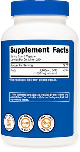 Nutricost Folsäure (Vitamin B9) 1000 mcg, 240 Kapseln (2 Flaschen)