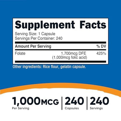 Nutricost Folsäure (Vitamin B9) 1000 mcg, 240 Kapseln (2 Flaschen)