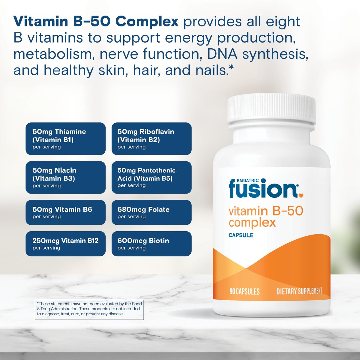 Bariatric Fusion Vitamin B-50 Komplex | Vegane B-Vitamine für Frauen und Männer | Leicht zu schluckende Kapsel mit 8 B-Vitaminen inkl. Vitamin B12 | 90 Kapseln | 3 Monate Vorrat