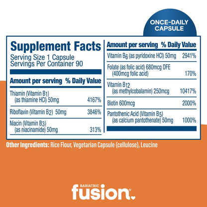 Bariatric Fusion Vitamin B-50 Komplex | Vegane B-Vitamine für Frauen und Männer | Leicht zu schluckende Kapsel mit 8 B-Vitaminen inkl. Vitamin B12 | 90 Kapseln | 3 Monate Vorrat