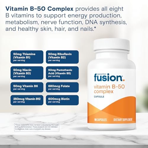 Bariatric Fusion Vitamin B-50 Komplex | Vegane B-Vitamine für Frauen und Männer | Leicht zu schluckende Kapsel mit 8 B-Vitaminen inkl. Vitamin B12 | 90 Kapseln | 3 Monate Vorrat