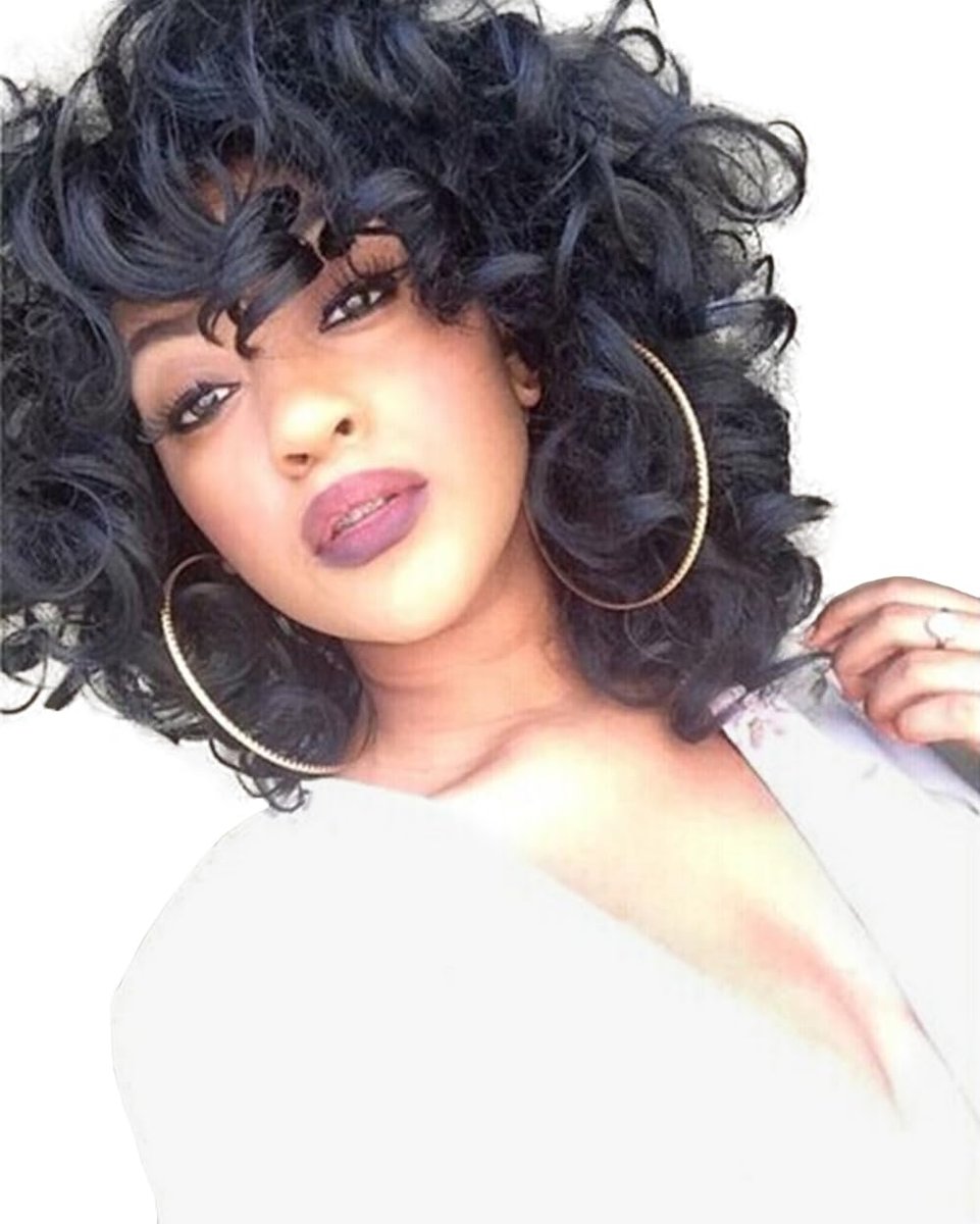 ELIM Lockenperücke für schwarze Frauen Kurze Kinky Locken Schwarz Perücke für Frauen Große Locken Afro Weiche Perücke mit Pony Hitzebeständig Natürliche Süße Synthetik Perücke mit Zubehör Z014